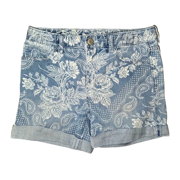 Gap Kids Jean Shorts Girls 10 Floral Paisley Print Midi Stretch Adj Waist Blue - Picture 1 of 7